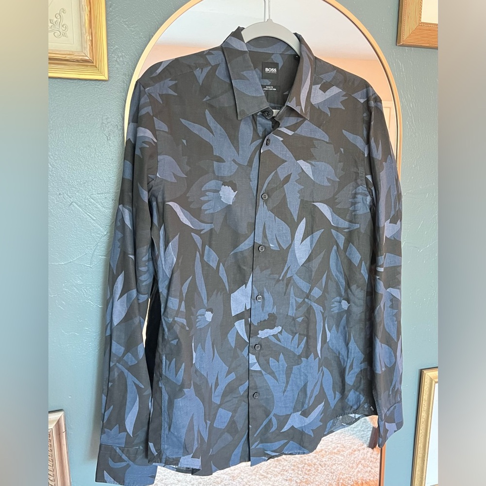 HUGO BOSS Blue Tropical Camo Leaf Print Slim Fit Button-Front Shirt